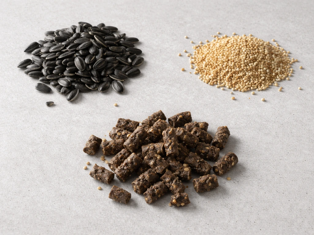 Overhead view of bird food ingredients—sunflower seeds, millet, and suet pellets—arranged in separate piles.