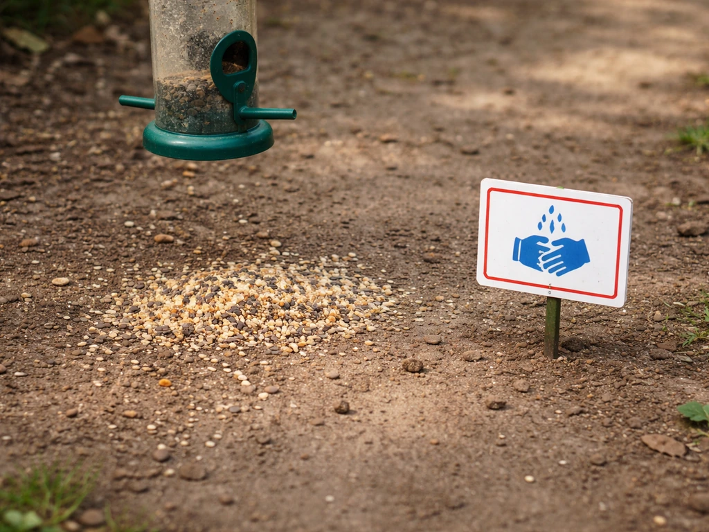 Bird feeder beside a small seed scatter on the ground, with hygiene cues suggesting contamination risk.