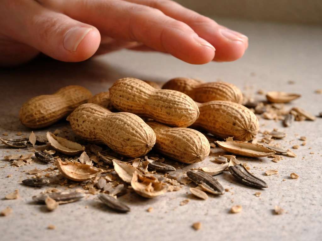 Hard peanut shells and sunflower shell pieces beside a hand over a feeder blend