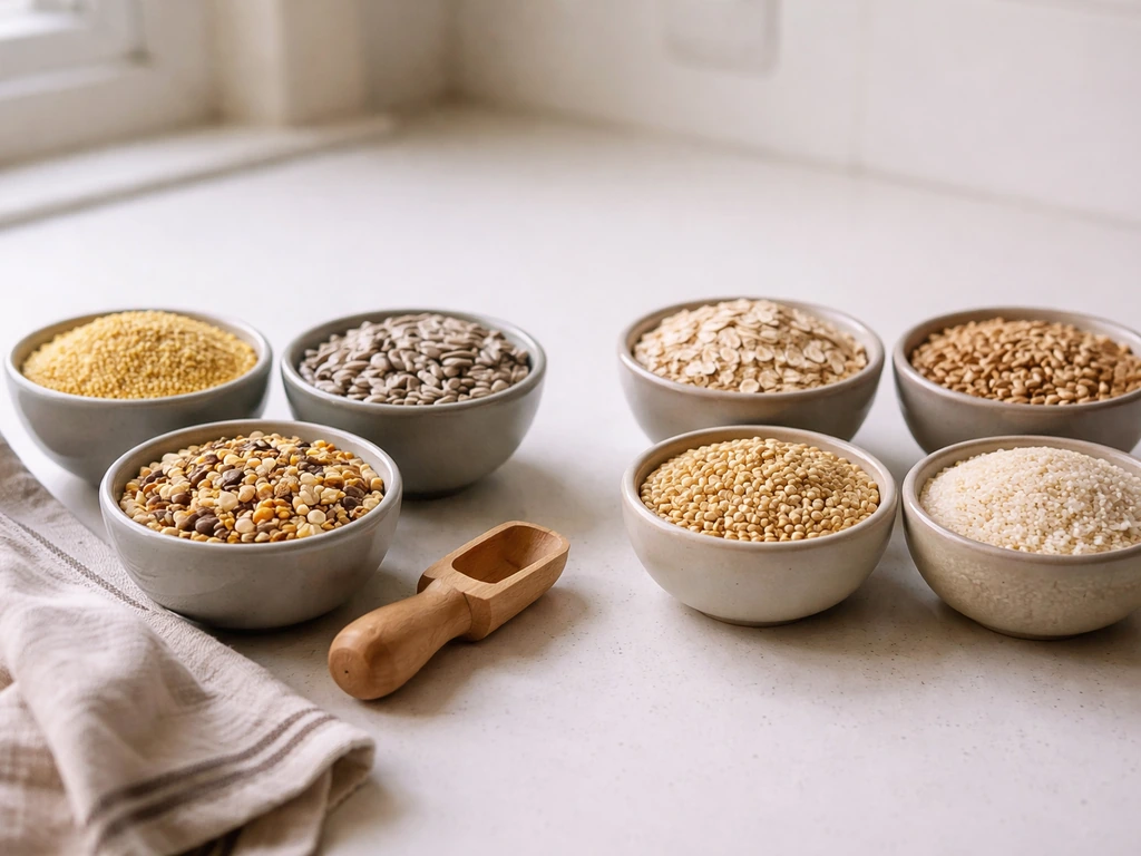 Close-up of assorted grains and seeds in separate bowls on a kitchen counter, clean comparison mood.