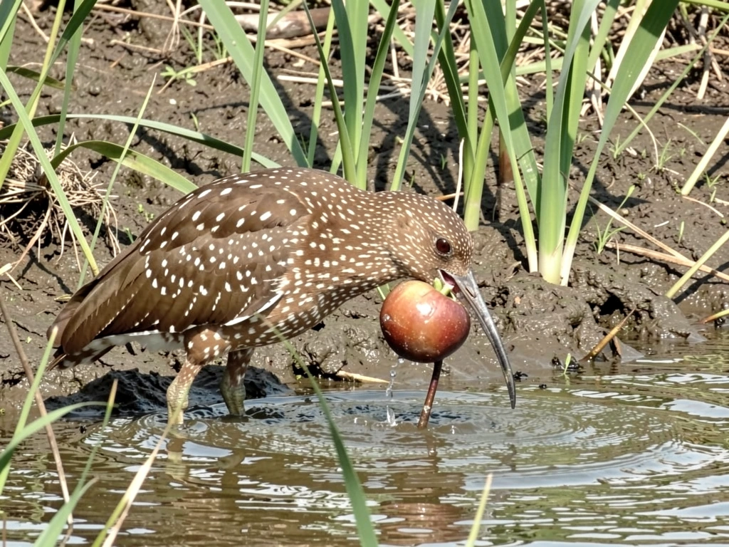 Limpkin in shallow water carrying an apple snail toward shore