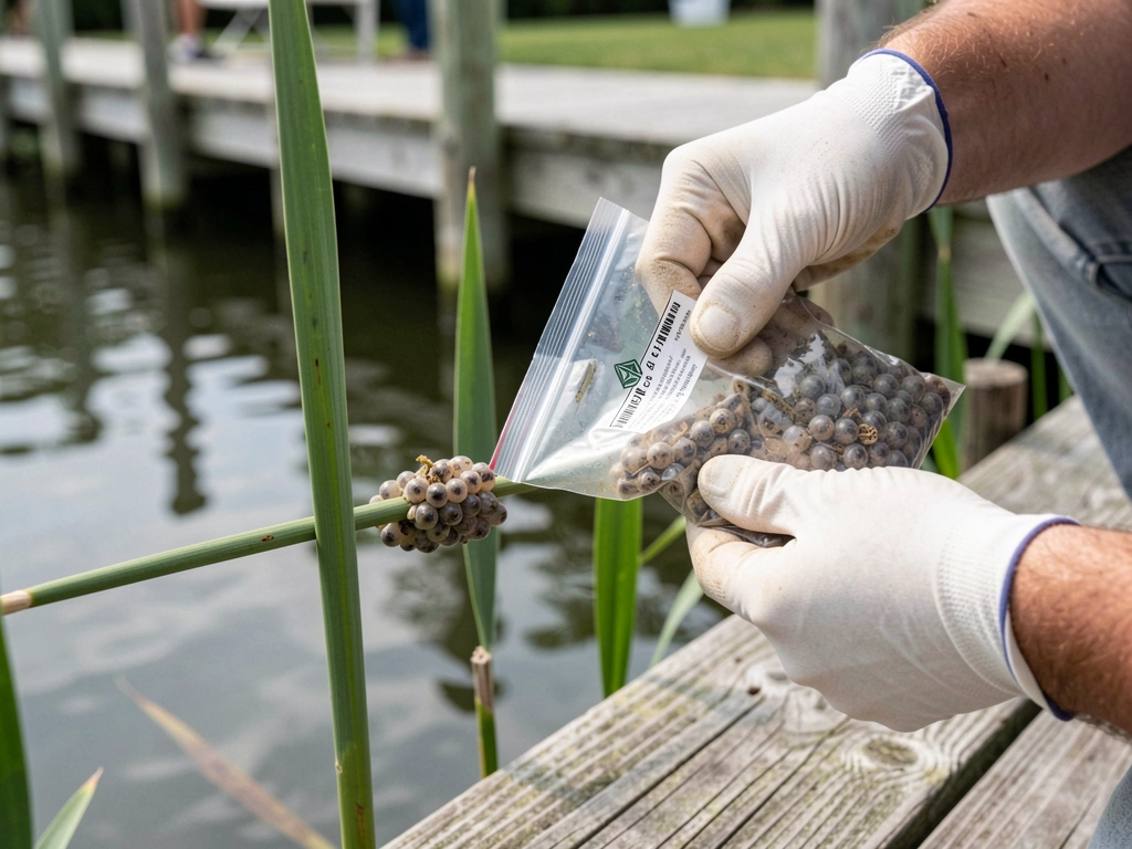 Hand removal of apple snail egg mass above water line