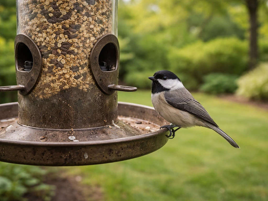 Small wild bird perched at a backyard feeder with visible droppings and grime on the feeder area.