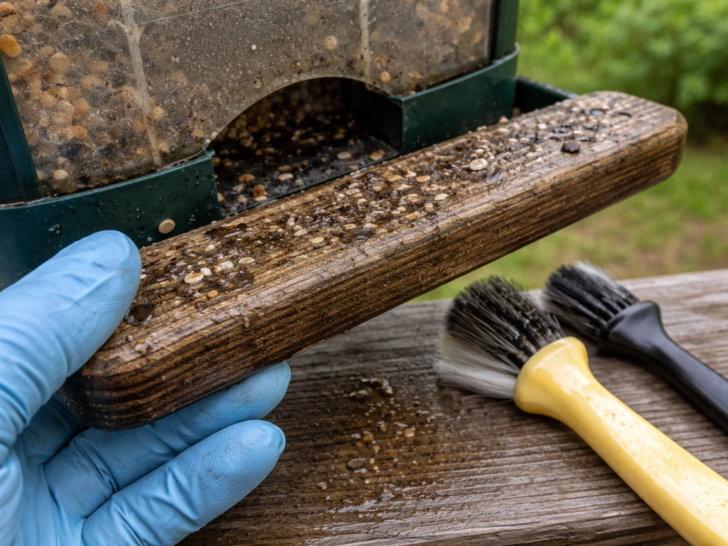 Closeup of a dirty bird feeder perch with droppings residue and cleaning glove and brush ready
