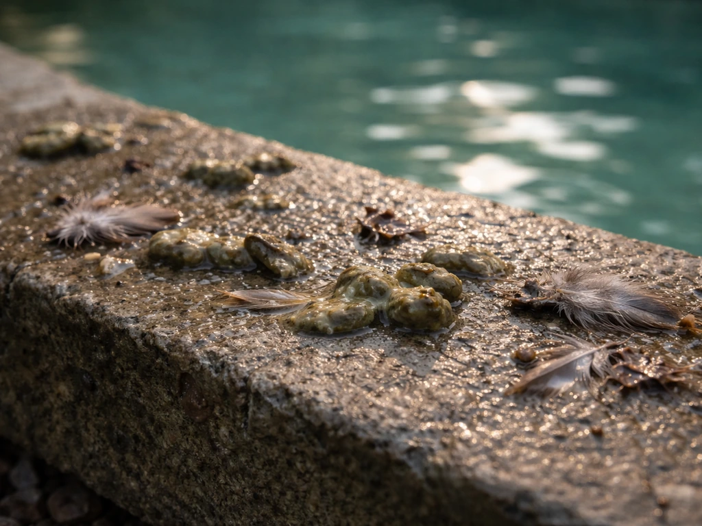 Close-up of wet bird droppings on a birdbath/pool edge with softly blurred water in the background.