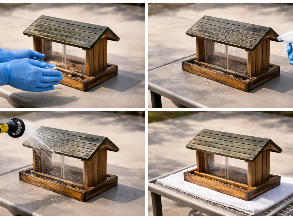 A staged sequence showing glove on, bleach-soak, thorough rinse, and drying a bird feeder safely.