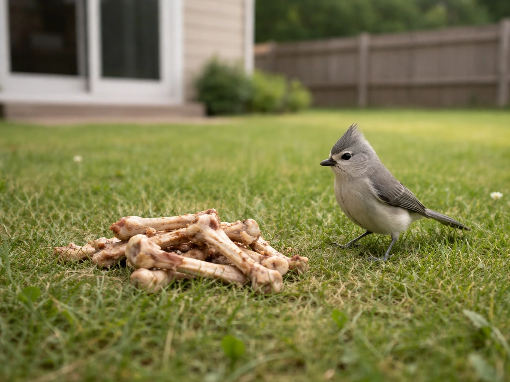 Small backyard scavenging bird standing near a bone pile on the lawn.