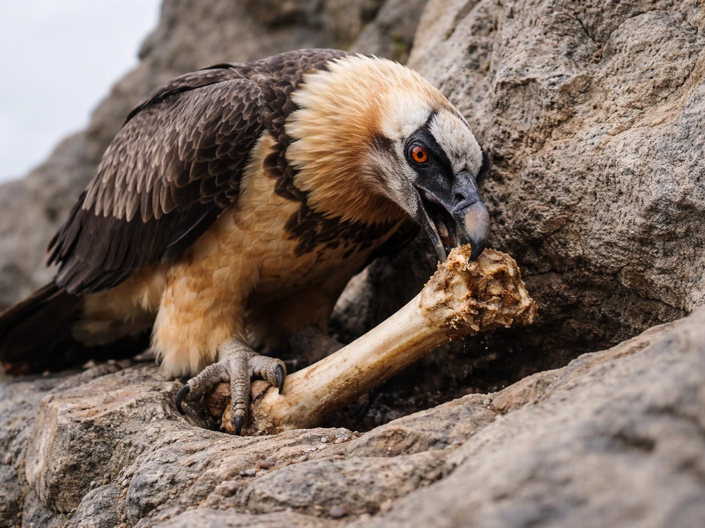 Bearded vulture perched on rocky cliff feeding on a bone piece, with mountain backdrop and natural light.