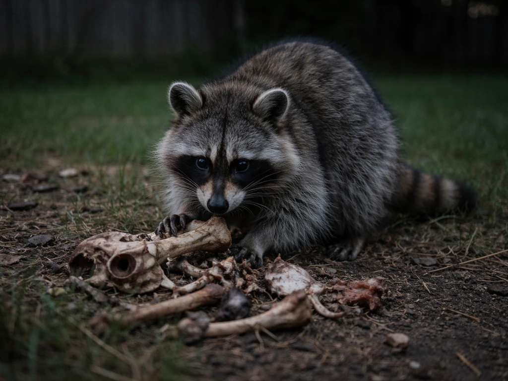 A raccoon scavenges near animal bones and carcass remains in a quiet backyard at dusk.