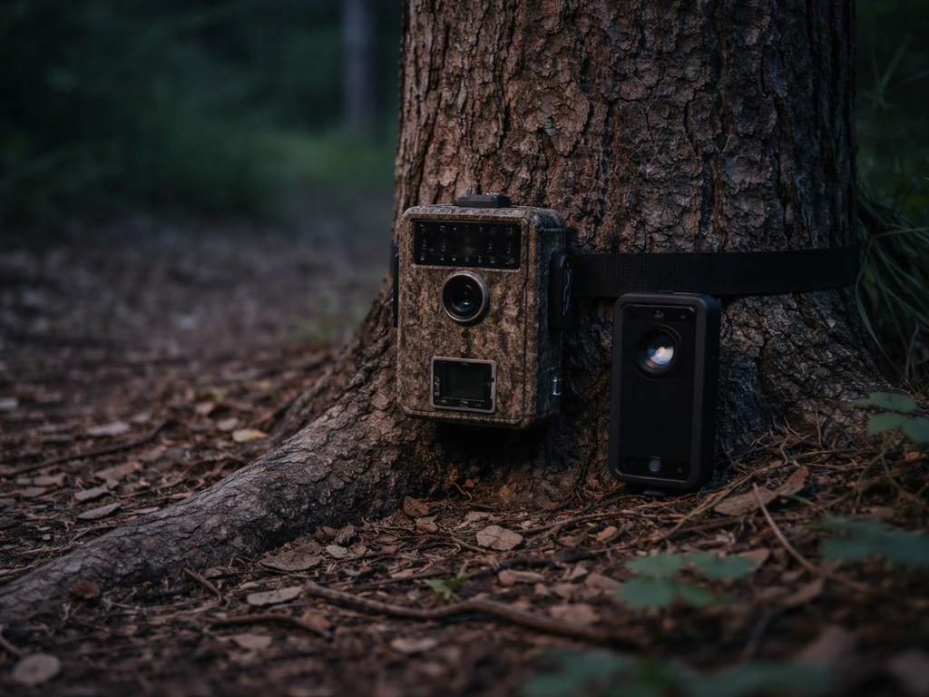 Wildlife camera trap and motion-alert phone camera set on a tree near an outdoor site at dusk.