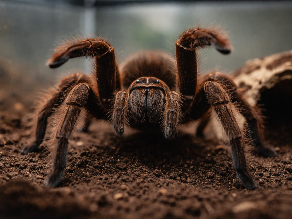 Close, detailed view of a goliath bird-eater tarantula in an enclosure in a defensive posture