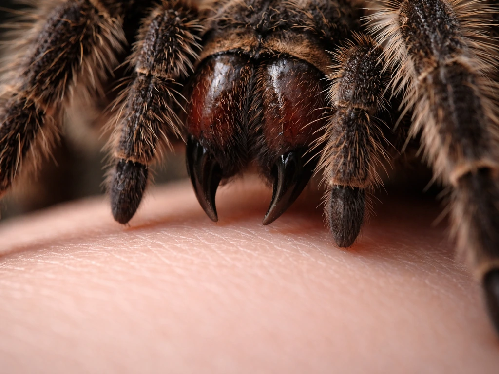 Macro view of a tarantula’s fang-tipped chelicerae poised near pale skin, no visible puncture or blood.