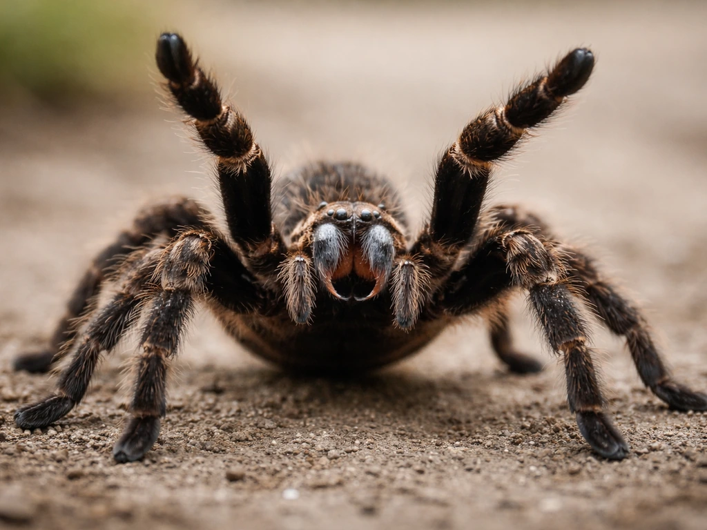 Macro photo of a tarantula reared up in a defensive threat posture, legs spread and abdomen angled.
