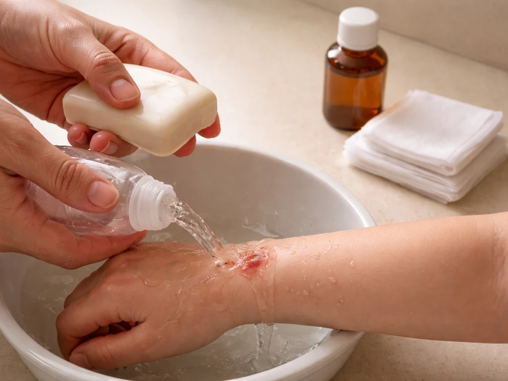 Hands rinsing a minor bite on an arm with clean water, antiseptic and gauze nearby for first aid.