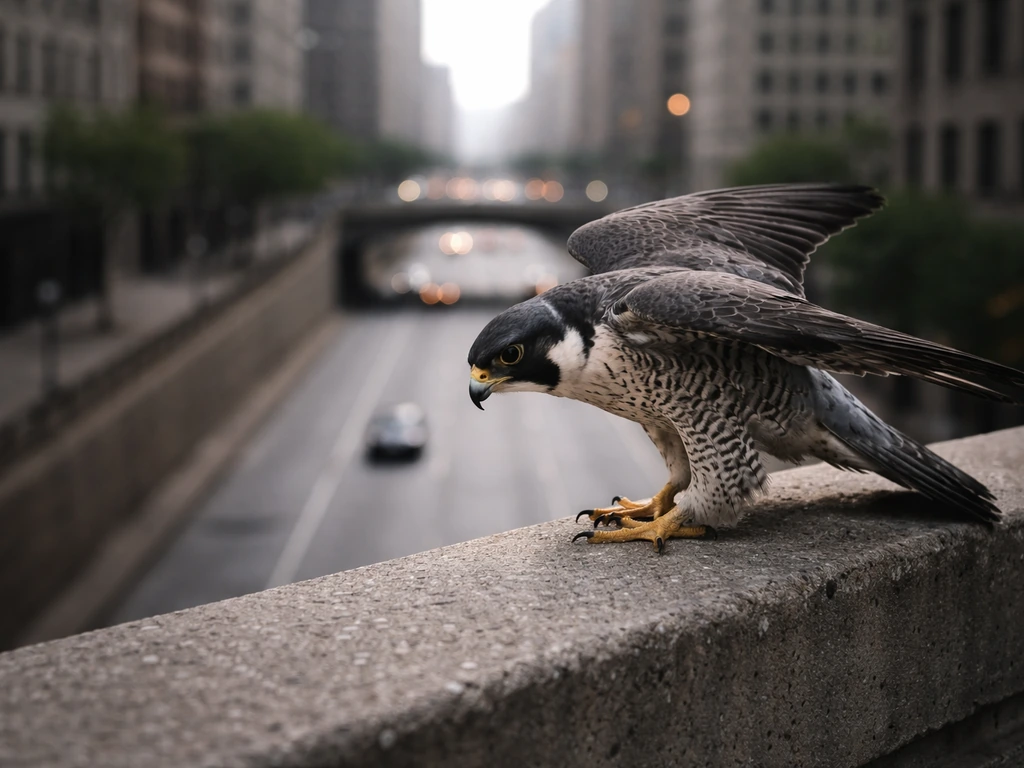 Peregrine falcon perched above a city street, poised as an urban pigeon predator.