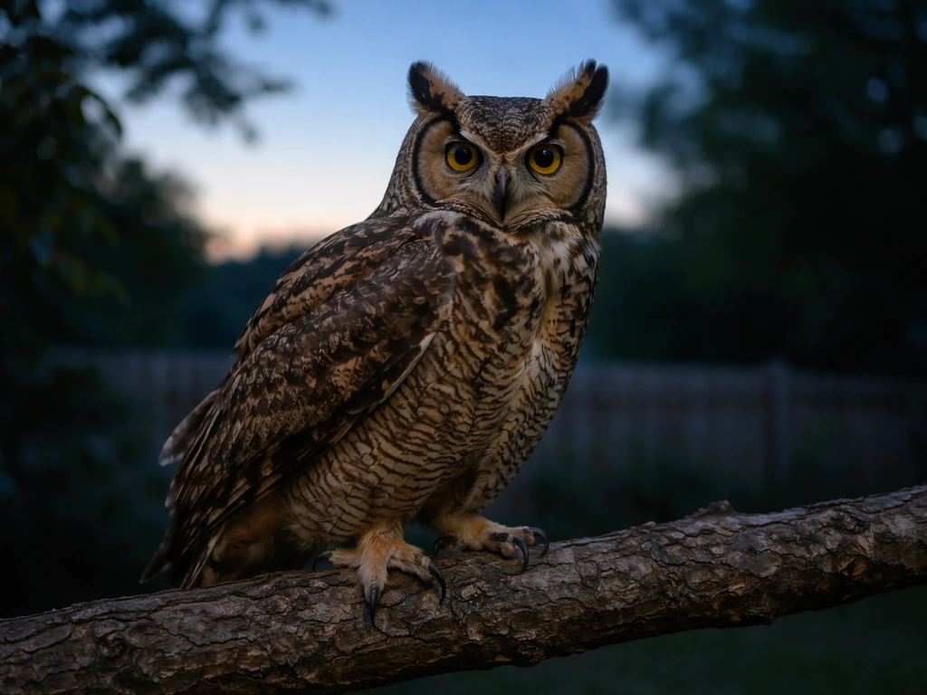 Great horned owl perched on a branch at dusk with a dark yard backdrop in soft bokeh.