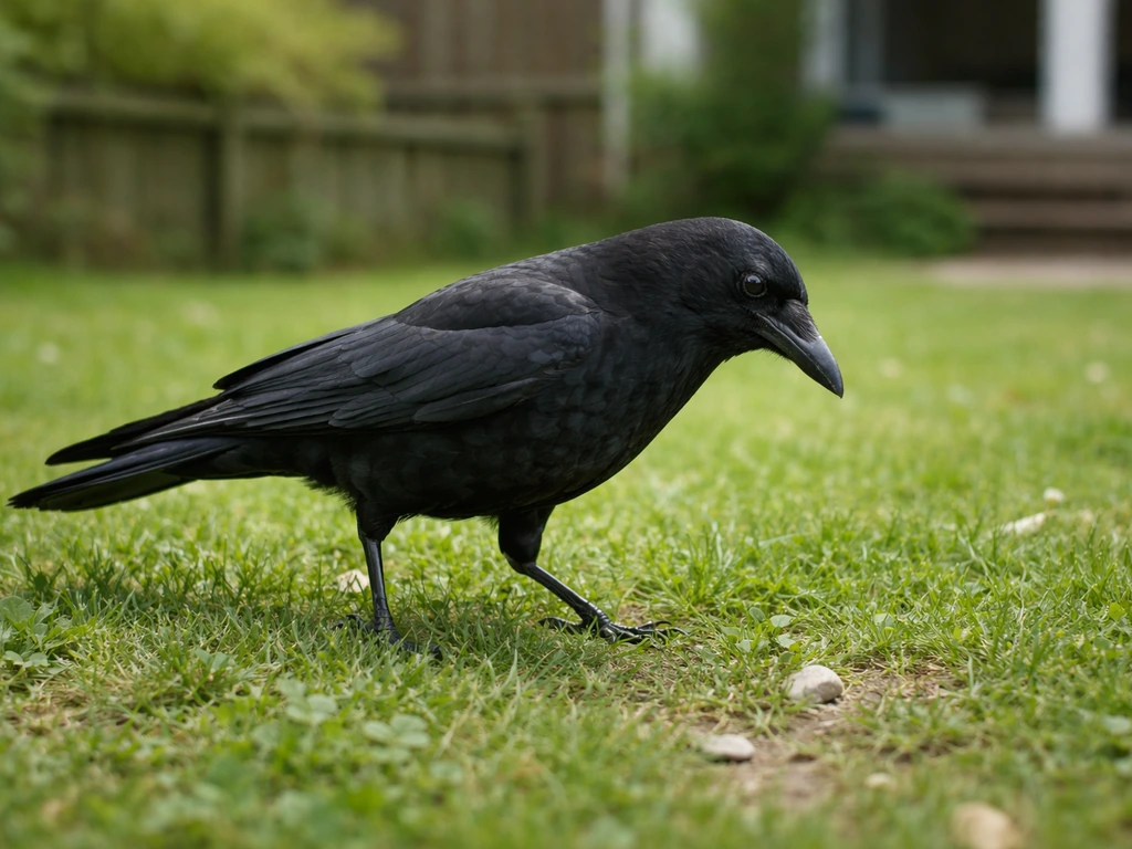 An American crow foraging on grass near a residential yard, close to ground-level details.