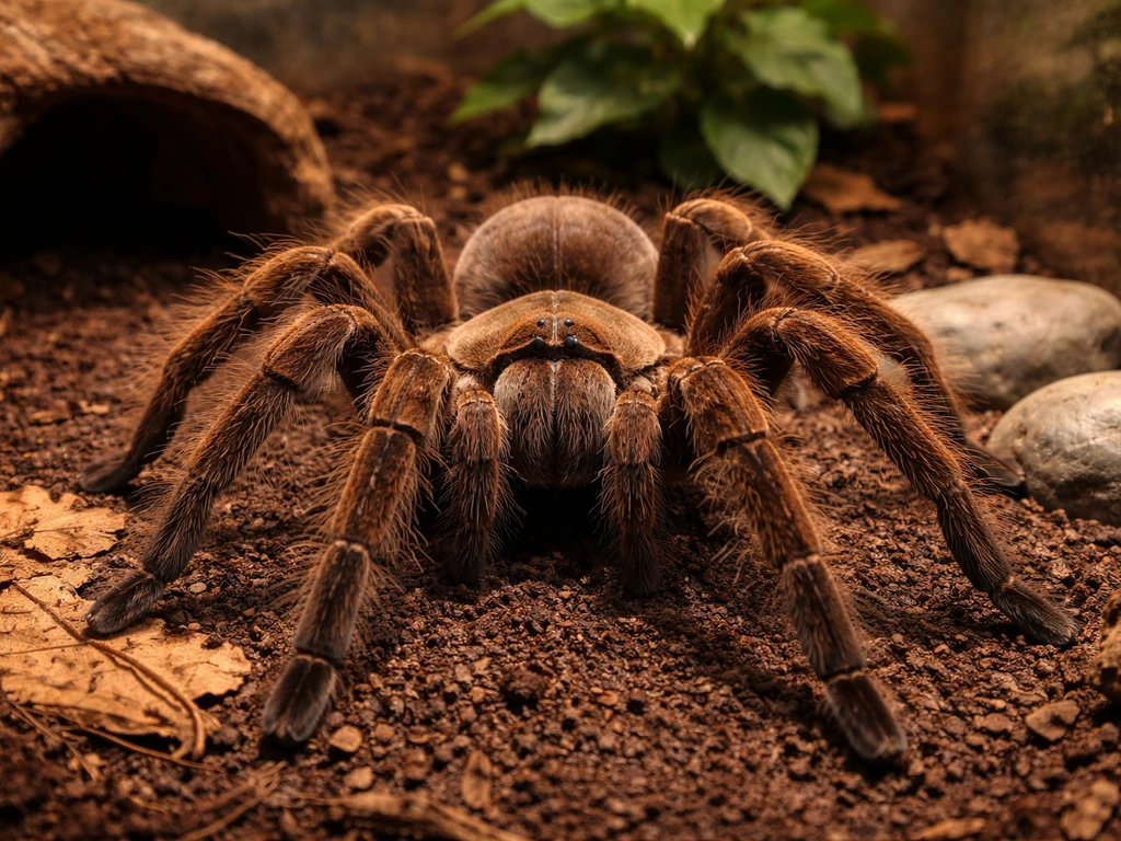 Large goliath bird-eating tarantula in a naturalistic enclosure with legs spread wide.
