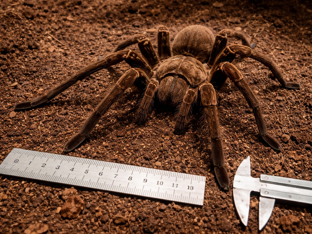 Close-up of a tarantula on soil with a ruler and calipers-style measurement overlays showing length and leg span