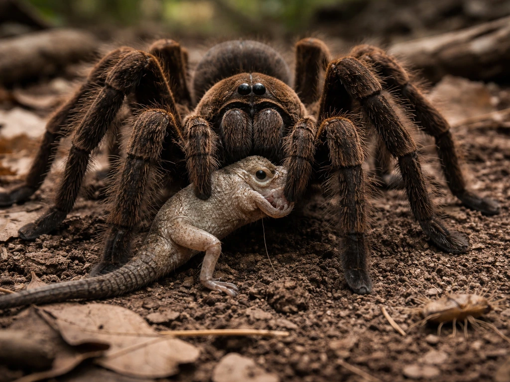 Close-up of a large tarantula-like spider with visible prey-size comparison using natural scale objects