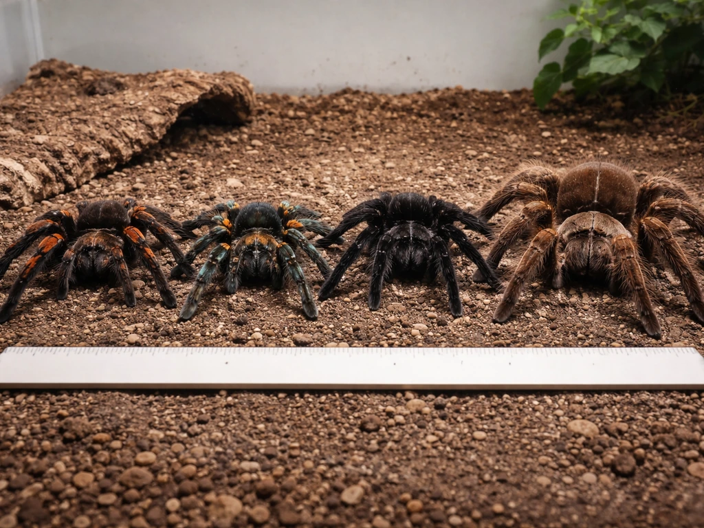Four large tarantulas displayed on a simple terrarium floor with a clear ruler beside them for scale.