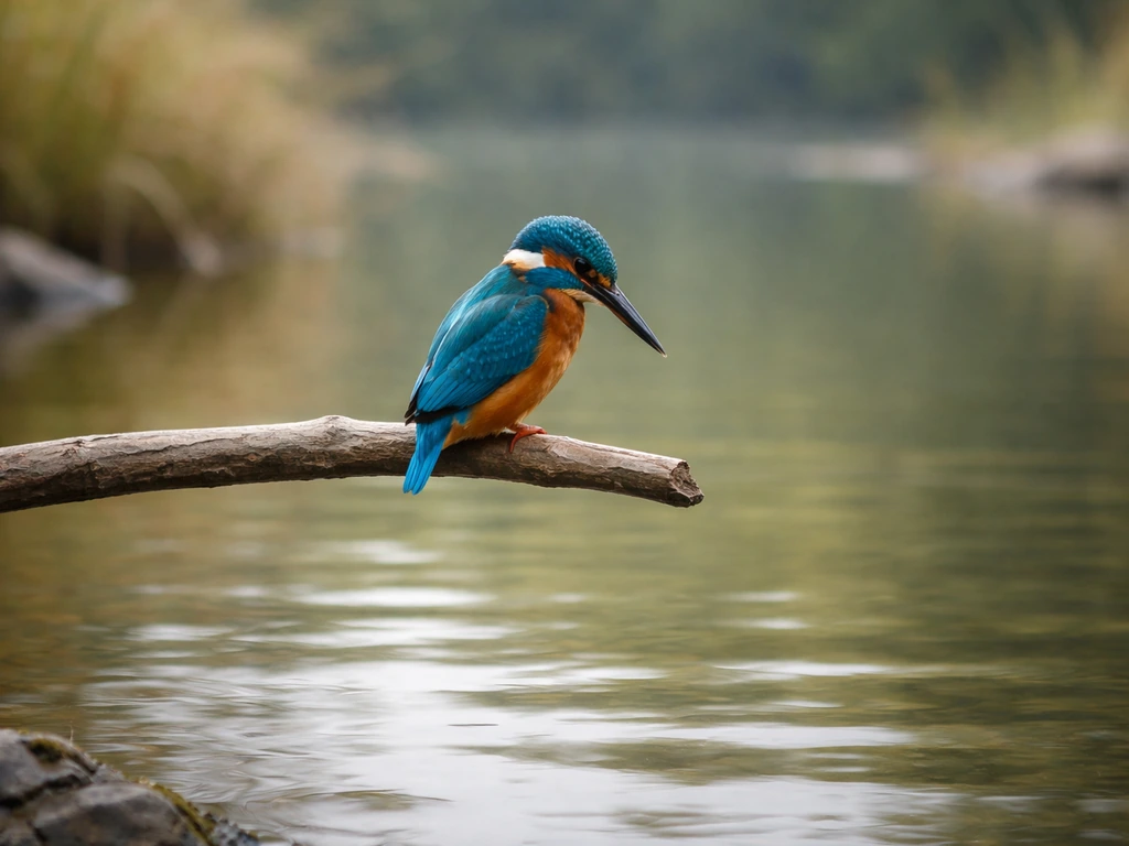 Kingfisher motionless on a branch above calm water, poised as if about to dive.