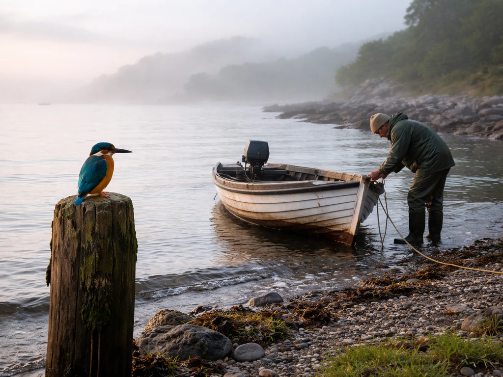 Kingfisher perched by a moored Irish fishing skiff at dawn as a fisherman prepares to go out.