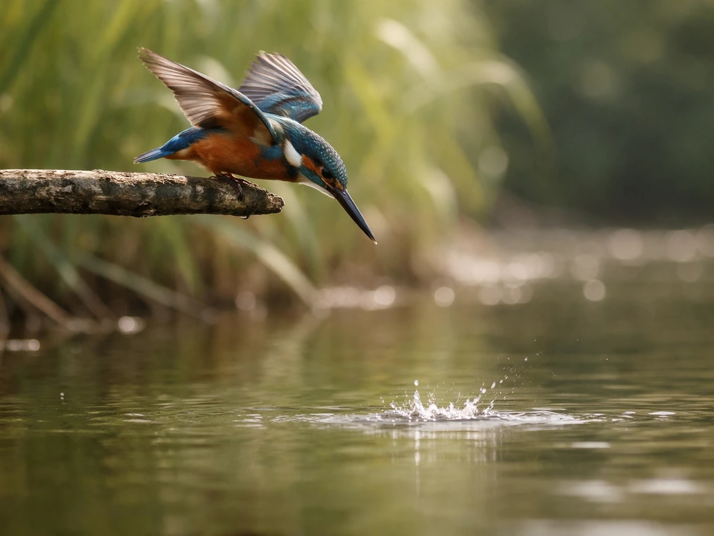 Realistic kingfisher perched, mid-dive toward water with a fish-catching moment, minimalist nature scene.