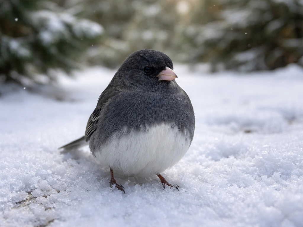 Dark-eyed junco perched on snow with evergreen trees softly blurred in the background.