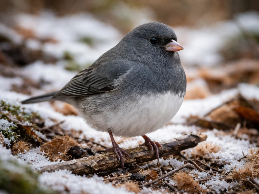 Dark-eyed junco perched on a twig, showing dark cap and slate mantle with contrasting underparts.
