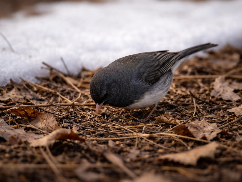 Dark-eyed junco foraging on the ground near a fresh snow edge in winter light