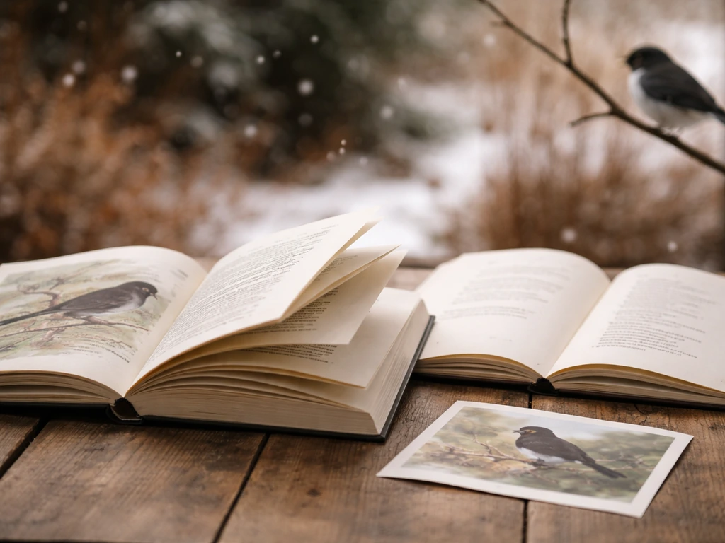 Open nature book and poetry anthology on a wooden table next to a junco leaflet outdoors.