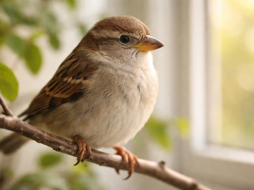 Close-up of a small sparrow perched on a branch, showing beak, feathers, and alert posture.