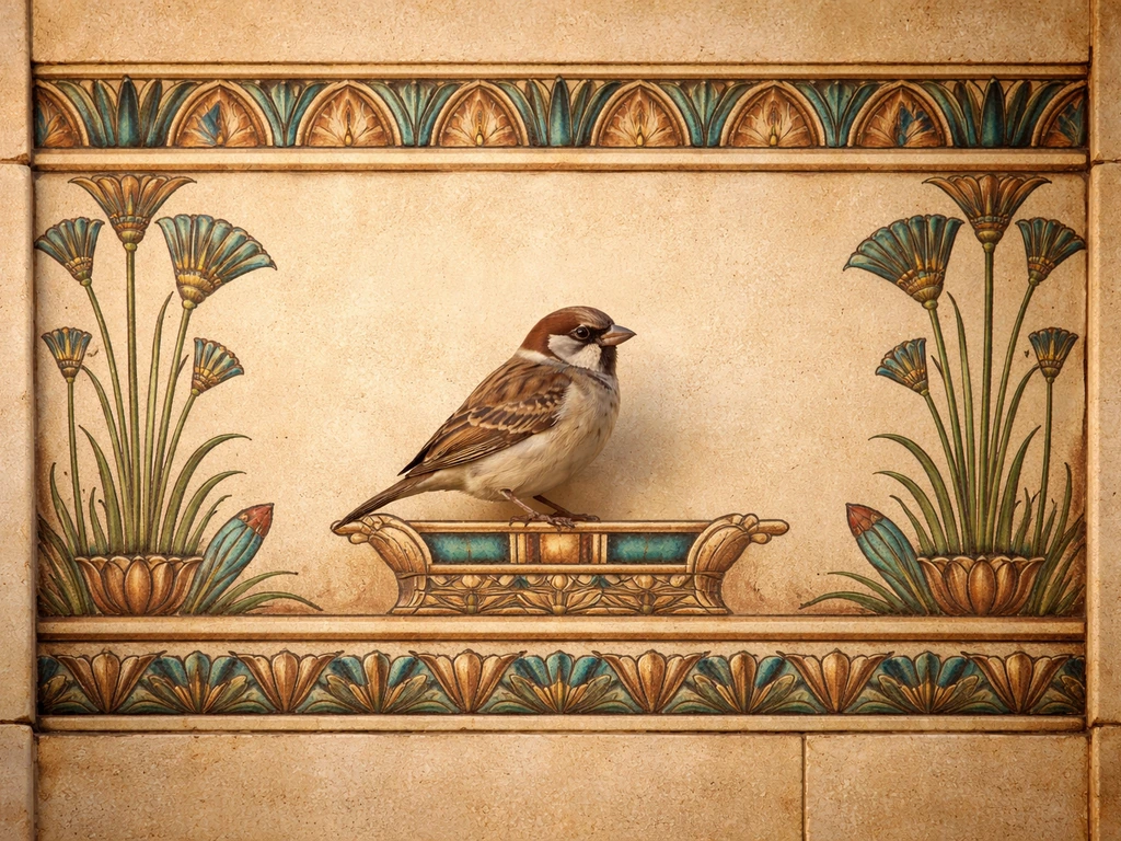 Stylized sparrow perched on an Egyptian-inspired papyrus and temple-wall motif in warm natural light.