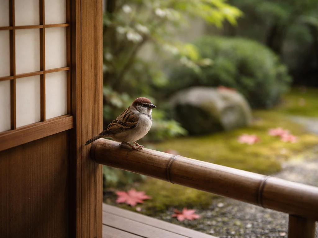 A sparrow perched near a traditional shoji screen in a quiet Japanese courtyard garden.
