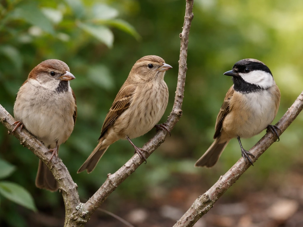 Three small brown songbirds perched on twigs in soft natural light, showing clear differences in shapes