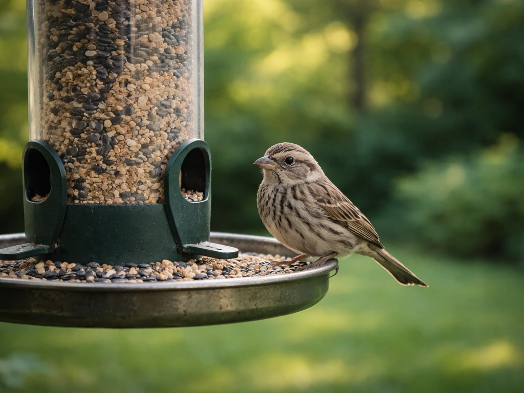 A speckled wild bird perched on a backyard feeder with a blurred green garden background.