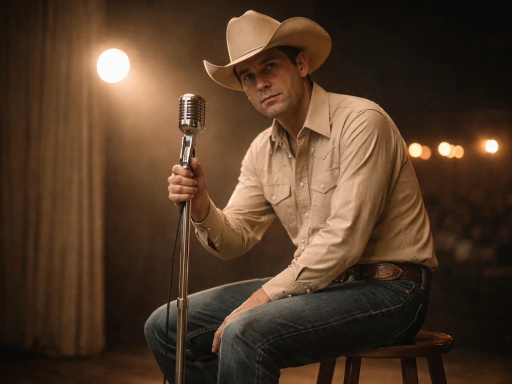 Mid-century country performer in cowboy hat at a simple microphone stand under warm stage lights.