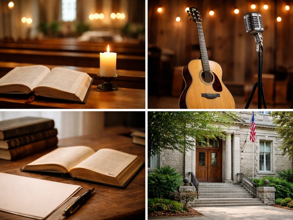 Four small vignettes showing generic church, country music, books, and a named institution setting