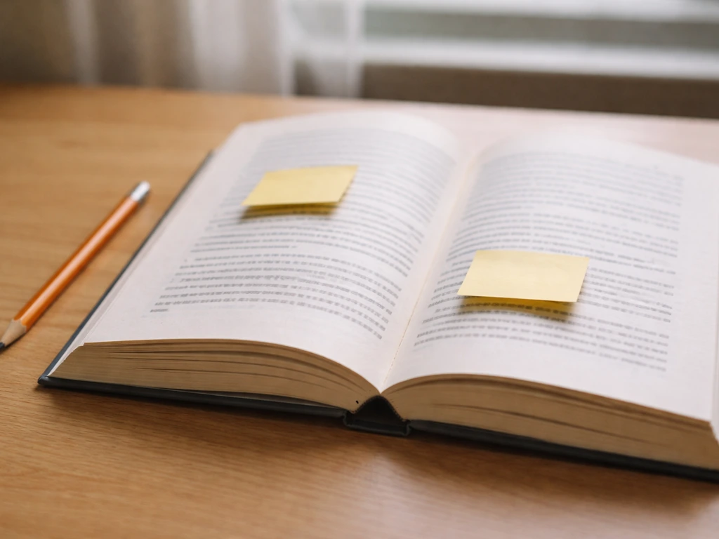 Minimal desk scene with an open book, pencil, and two small sticky notes to represent genre and keyword checks.
