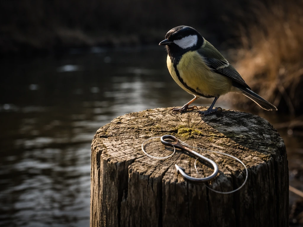 Bird perched near a visible fishing hook and line on a riverbank post, dramatic natural light.