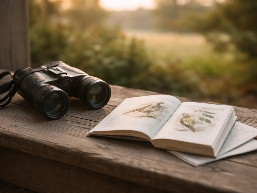Binoculars and an open field guide on a porch step, suggesting casual backyard birding.