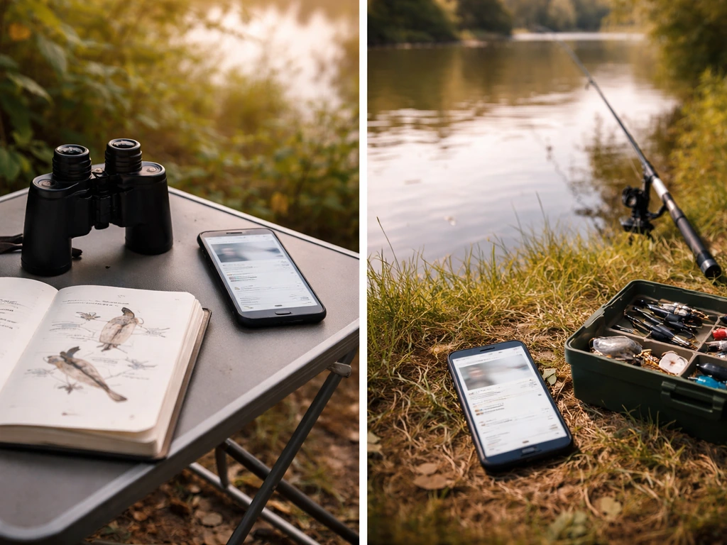 Split view: blurred birding forum on a phone beside binoculars, versus fishing gear beside a phone caption.