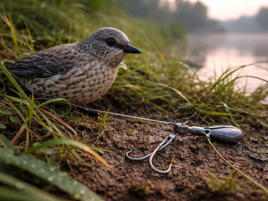 Close-up of a bird decoy beside visible hook-and-line hardware in wet grass by water at dawn