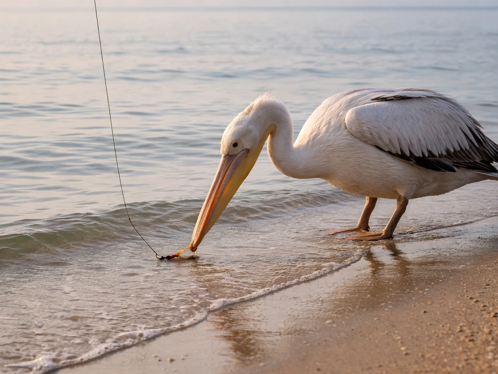 A seabird pecks at bait on a fishing hook near the shoreline in shallow water.
