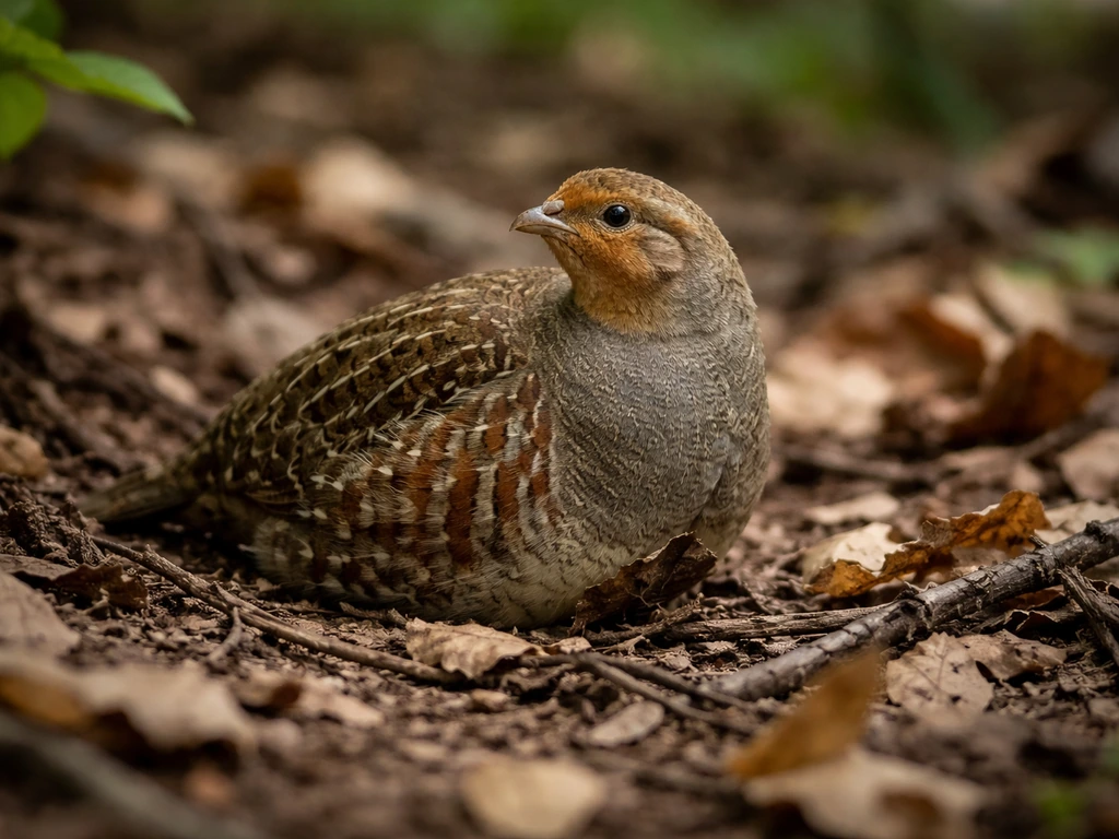 Camouflaged partridge perched on the forest floor in leaf litter.