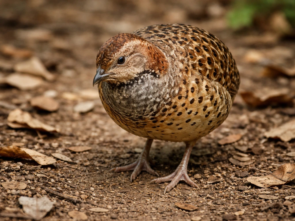 Close-up of a small partridge camouflaged on the ground, showing its strong legs and claws.