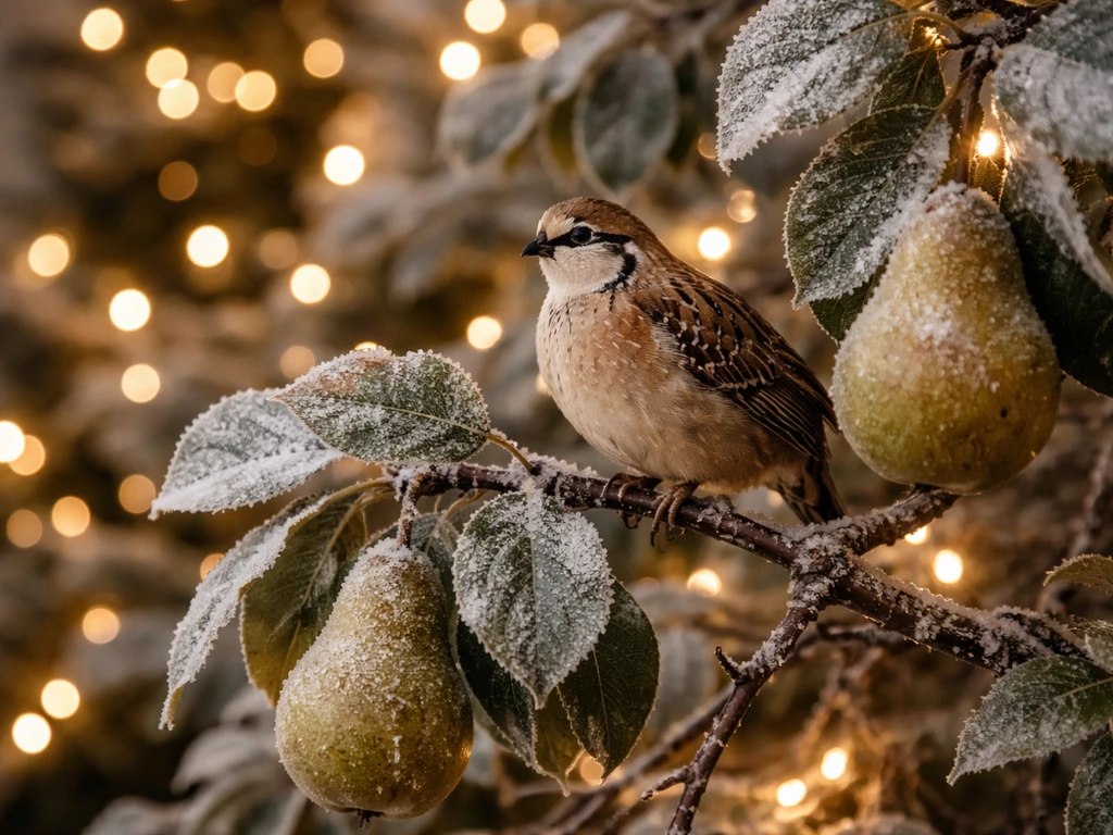 Small partridge figurine perched on pear tree branches with winter Christmas décor and soft warm lights.