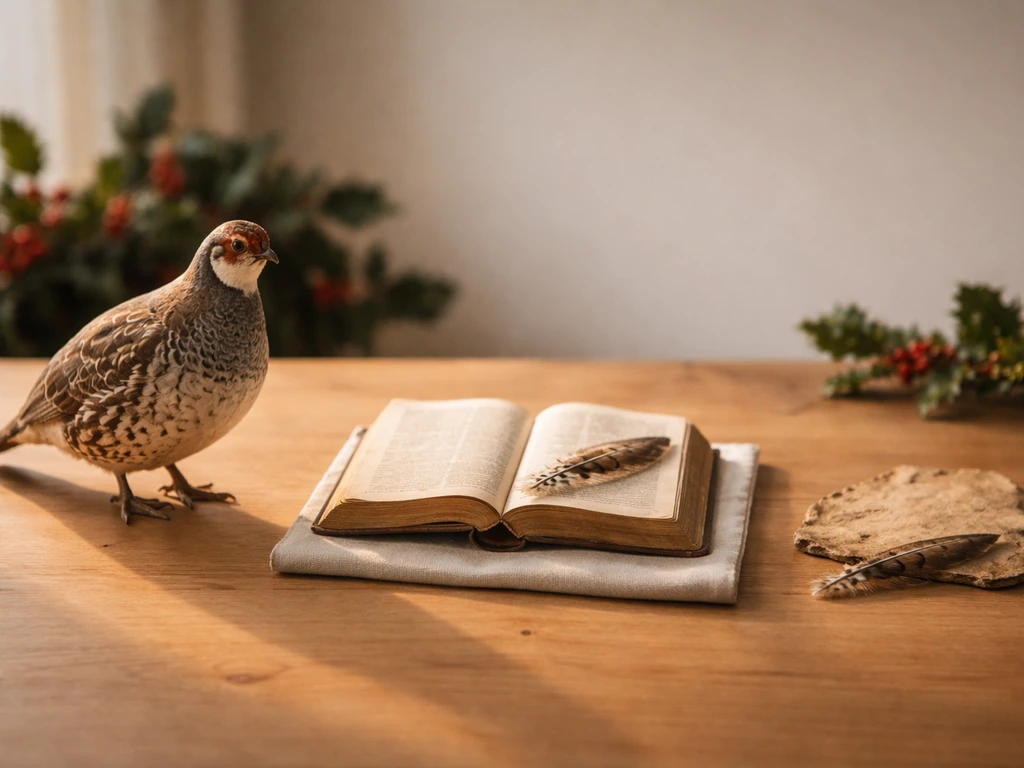 Side-by-side tabletop scenes with partridge elements suggesting holiday, biblical, and place-name contexts.