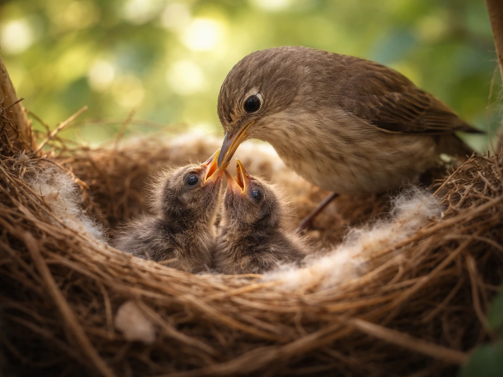Mother bird feeding her chicks in a twig nest under warm dappled sunlight.